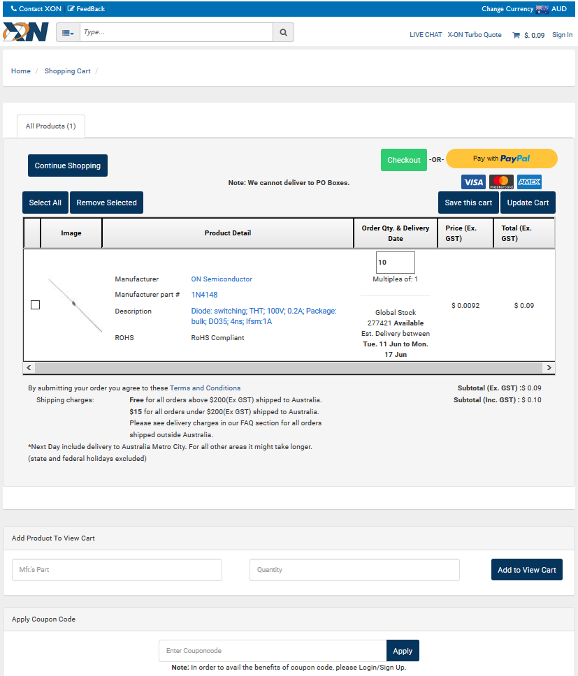 Website top view cart